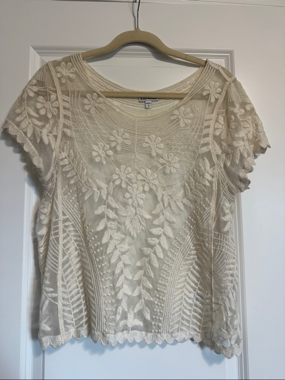 Express Cream Floral Embroidered Short Sleeve Blouse